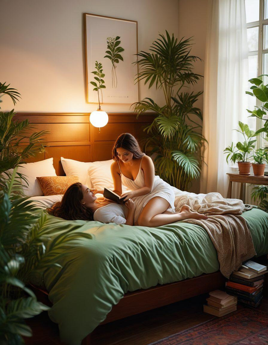 A vibrant and inviting scene depicting an open, tasteful bedroom filled with soft lighting, showcasing a couple exploring a variety of sensual objects and books about healthy sexual exploration. The atmosphere is warm and accepting, encouraging open communication and intimacy. Incorporate elements of nature like plants to symbolize growth and discovery. super-realistic. vibrant colors. soft focus.