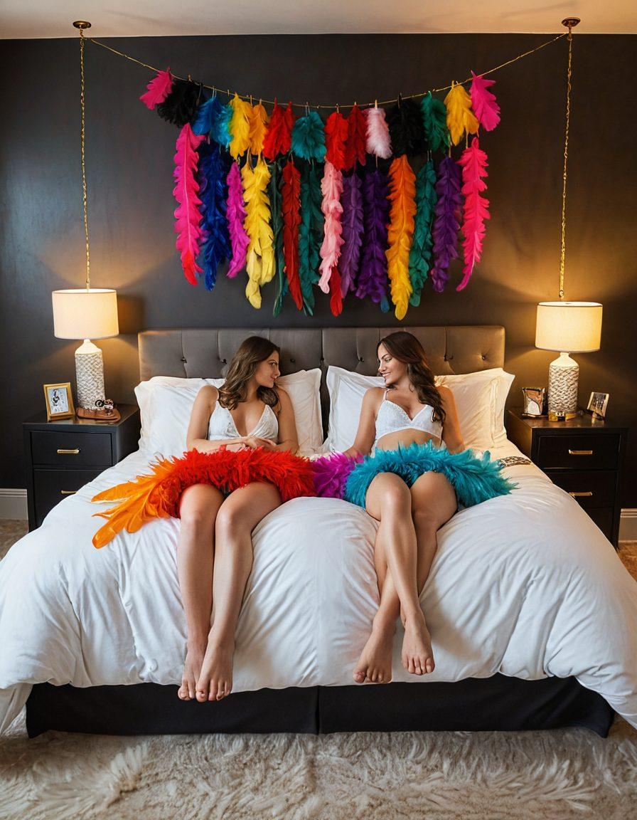 A warm, inviting bedroom setting featuring diverse couples engaging in playful intimacy, surrounded by colorful kink accessories like feather boas, handcuffs, and blindfolds. Soft lighting creates a cozy atmosphere, showcasing an array of textures and materials. Elements of trust and connection are highlighted through their interactions. The background hints at a safe space, enhancing the theme of celebration and exploration. super-realistic. vibrant colors. warm tones.