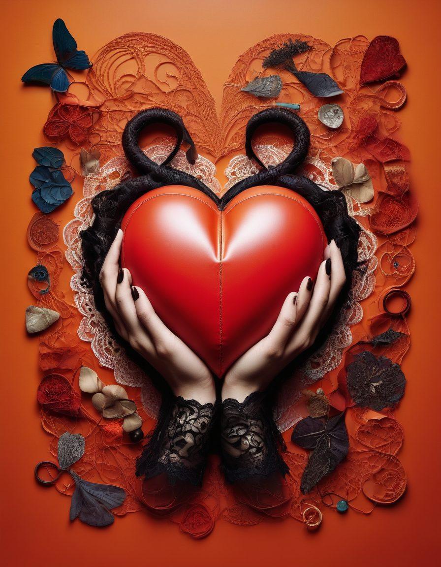 A vibrant and intriguing collage depicting various kinks and fetishes symbolized by enticing objects like leather, lace, and silk, intertwined with modern relationship symbols like heart shapes and intertwined hands. The background features a warm, inviting atmosphere with soft lighting, suggesting intimacy and exploration. Diverse characters of different backgrounds engaged in discussions and playful scenarios, showcasing open communication about desires. Incorporate abstract shapes to symbolize the complexity of human desires. colorful and artistic. vibrant colors. 3D.